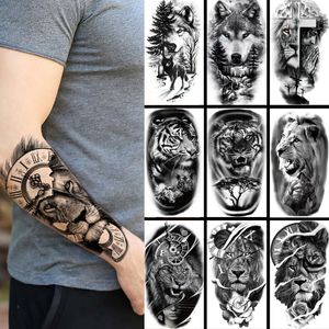 Waterproof Temporary Tattoo Sticker Forest Big Tiger Lion Wolf King Body Arm Hand Cool Art Black Animal Men Women Fake Tattoos