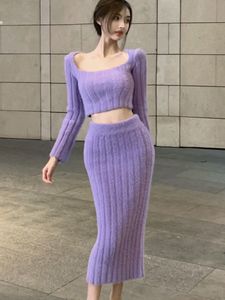 Dwuczęściowa sukienka Koreańska moda z dzianiny 2-częściowe zestawy kobiety Sweter miękki sweter z długim rękawem pullover topy bodycon długą spódnicę dwuczęściowe garnitury 230421