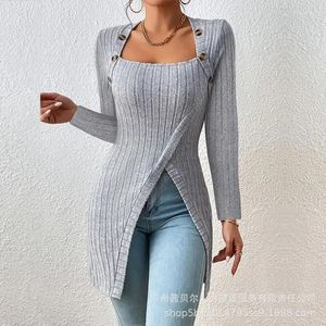 Kvinnors tröjor ankomster Autumn Winter Square Collar Off-Shoulder Slittröja Sexig bantning Långt toppförsäljning