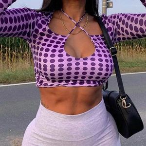 Women's T Shirts Sexy Polka Dots Criss-Cross Long Sleeve T-shirt For Women Hanging Neck Elastic Skinny Hollow Out Crop Tops Stretchy Fashion