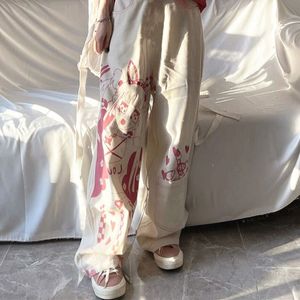 Jeans femininos e calças de roupas femininas Anime rosa perna larga de rua japonesa calça alta cintura alta Cargo reto Pontas punk Mulheres 230421
