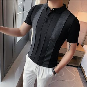 Męski Polos Vintage wzór Patchwork Knit Polo Shirt Men Summer Mode Men krótki rękaw Slim Polo Shirt Casual Button Pullover 230421