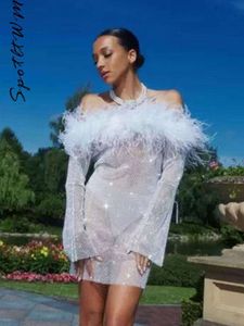 Sexig paljettpäls perspektiv wrap höftklänning kvinnor från axel långärmad miniklänningar elegant kvinnlig nattfestklubb vestidos