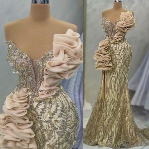 2023 Aprile Aso Ebi Champagne Mermaid Prom Dress Cristalli Perline Sera Festa formale Secondo ricevimento Compleanno Abiti da fidanzamento Abiti Robe De Soiree ZJ5083