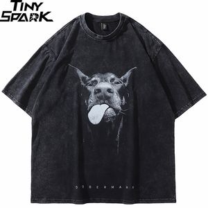 Mens Tshirts Men Streetwear Hip Hop Overized Funny Doberman Dog Graphic Vintage Washed Black Shirt Harajuku EE Cotton 230420