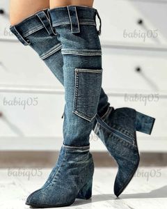 Stiefel GIGIFOX Taschendesign Damen Kniehohe Stiefel Denim Mode Reißverschluss Spitzschuh Mit Absatz Klobige Freizeitstiefel Herbstschuhe T231121