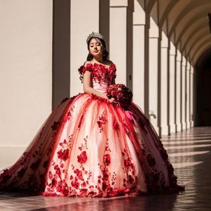 Abito da ballo rosso con scollo a cuore Abiti stile Quinceanera 2024 3DFlowers Applicazioni di pizzo che bordano la spalla Abiti da 15 anos