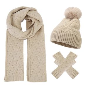 Hats Scarves Sets Fashion Winter Women Solid Color Hat Scarf Gloves 3pcs Set Women Faux Fur Ball Cap Outdoor Female Plush Wool Hat 231121