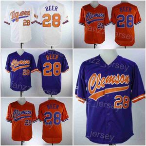 Baseball College Clemson Tigers tröjor 28 Seth Beer Uniform Team Color Purple Orange White Embrodery Cooperstown Vintage Cool Base University Pure Cotton Man