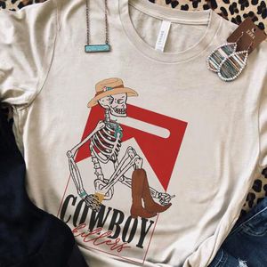 T-Shirt Skeleton Cowboy Killer Vintage Western T Shirt Oversized Cowgirl Cute Funny TShirt Woman Country Music Tshirts Hippie Tops Tee