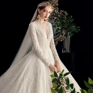 Main wedding dress 2023 new bride Sen lace thin dress star air quality long sleeve cover arm star trailing tail