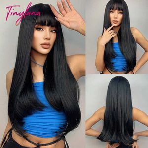 Perucas de cabelo longa peruca sintética reta com franja preto escuro cinza para mulheres cosplay natural resistente ao calor em camadas 231121