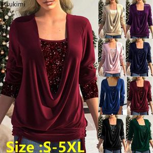 Women's T Shirts Plus Size 4XL 5XL Fake Two Piece Long Sleeve Tops Sequin Splicing Big Drop Neck Oversized Tees Cotton T-Shirts Female