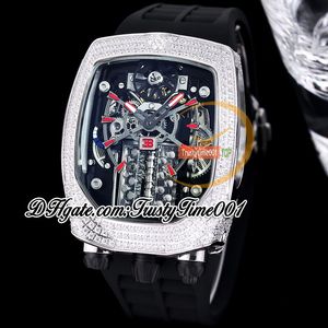 Bugatti Chiron Tourbillon Autoamtic Mens Watch 16 Cylinder Engine Skeleton Dial Iced Out Diamonds inlay Case Red Markers Rubber Band trustytime001Watches BU200.30
