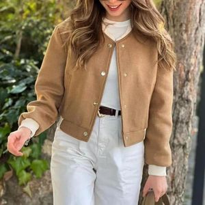 Women's Jackets Coat Stand Collar Contrast Color Long Sleeves Pockets Single-breasted Thick Soft Warm Elastic Cuff Lady Bomber Jacket