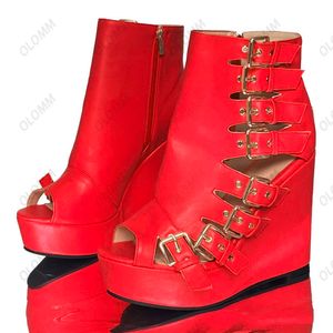Olomm Women Platform Sandals Buckle Strap Wedges Heels Open Toe Pretty Pink Wine Red Fuchsia Club Shoes Ladies US Plus Size 5-20