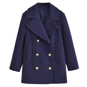 Women's Suits Winter 2023 Fashion Warm Purple Royal Sister Style Double Breasted Jacket Coat Retro Long Sleeve Pocket