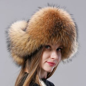 Beanieskull Caps doğal kürk Rus havacılık şapkası kulaklarla ushanka kadınlar kış sıcak kabarık şık kadın kuyruk kapağı moda gerçek şapkalar 231120