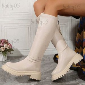 Boots 2023 Ins Hot Elegant Women's Mid Calf Boots Platform Chunky Med Heels Round Toe Zip Stretch Designer Shoes Long Boots For Women T231121