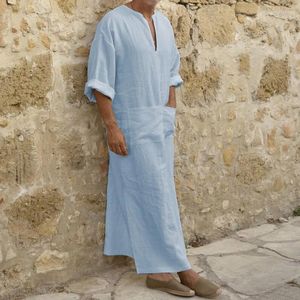 民族衣類2023男性Jubba Thobe Kaftan Muslim Arab Islamic V-Neck Solid Cotton Linen Robes Fashion Arabia Man Abaya