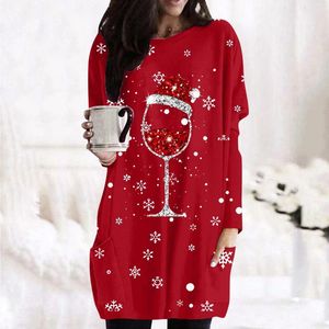 Women's Blouses Christmas Santa Claus Blou Wine Glass Print Loose Top Casual Double Side Pocket Long Sleeve Shirts Blusas