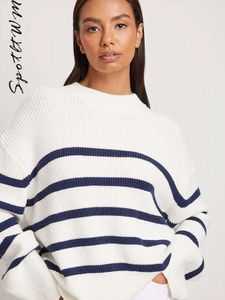 Sweter z nadrukiem w paski długie rękawy dla kobiet moda okrągła szyja luźne topy pulloverowe żeńskie ciepłe strzębienie