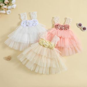 Girl Dresses Lace Floral Party Tutu For Kids Baby Girls Princess 3D Flower Straps Sleeveless Cute Layered Tulle Summer Dress