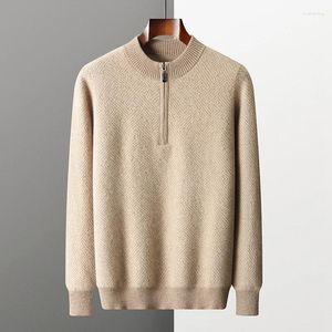 Camisolas masculinas de luxo cabra cashmere camisola jacquard engrossado meio zíper pulôver topo outono inverno quente jaqueta de malha