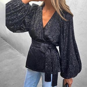 Kvinnor BLOUSES SPRING GLITTER PESKIN SHARKLY KVINNER SEXY DEEP V-HECK LACE UP Office Lady Shirt Autumn Lantern Long Sleeve Slim Top Mujer