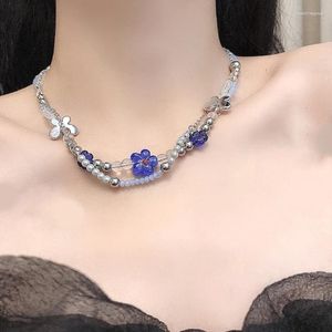 Hänghalsband blå blommig pärlhalsband med stålkedjor dubbelskikt choker clavicle kedja unikt smycken dropship