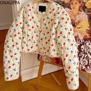 Womens Jackets Onalippa Sweet Floral Cropped Quilted Coat Vintage One Button Loose Kawaii Coats Korean Fashion Chic Design Women Clothes 231120