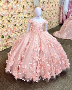 Mini vestido de quinceañera rosa rubor para niñas, apliques florales 3D, vestidos de fiesta de boda de princesa pequeña, vestidos de flores para niñas