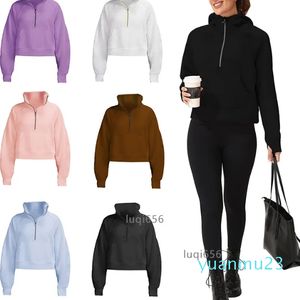 Mit Fleece gefütterte Damen-Kapuzenpullover mit halbem Reißverschluss, Zitronenpullover, übergroße, langärmlige, lässige Workout-Sweatshirts mit Daumenlöchern