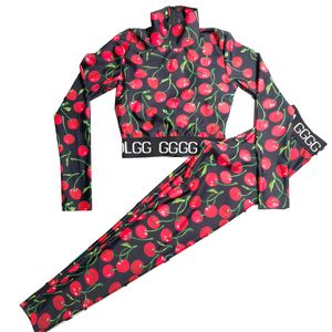 Women Activewear Yoga Wear Long Sleeve Yoga Blazer Cherry Print Leggings Two Piece Set