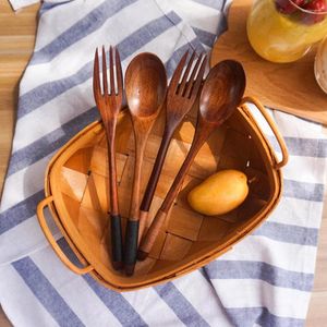 Dinnerware Sets Japanese Wooden Handle Fork Spoon Daily Use Tableware Convenient Flatware Simple Korean Utensils