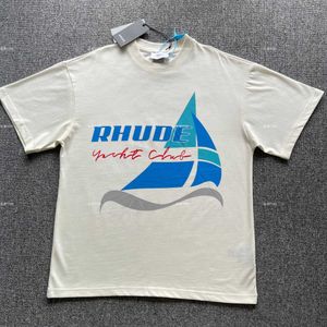Roupas de grife, camisetas camisetas Rhude Summer Blue Sailing Banner Print Trendy High Street Masculino Feminino Solto Manga Curta T-shirt Tops Algodão Streetwear