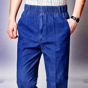 Mäns jeans varaktigt utomhusarbete slitage raka byxor män elastisk midja avslappnad bred ben tjock bomull denim byxor klassisk lös pappa