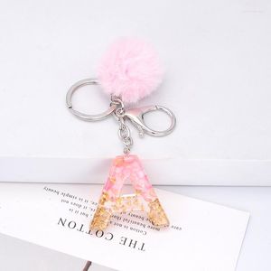 Keychains Pink Hair Pompom Key Chains Faux Fur Ball 26 Letter Keychain Crystal Epoxy Cute Keyring Handbag Charms Pendants For Women Gift