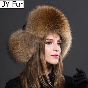 Stingy Brim Hat Natural Raccoon Fur Caps Ushanka Hats for Winter Thick Warm Ears Fashion Bomber Pom Lady Real Cap Pompon 231121