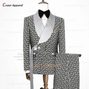 Ternos masculinos Blazers Luxo Homens Terno Slim Fit Designs de Moda Padrão Xadrez Impressão Smoking para Festa de Casamento Personalizado Calças Jaqueta 2 Peças Conjunto 231121