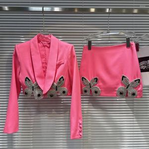 Arbetsklänningar PREPOMP 2023 Autumn Arrival Långärmad vadderad axel Rhinestone Bow Blazer Jacket Kort kjol Två stycken Set Outfits GL905