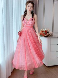 Casual Dresses Summer Women Maxi Dress Sweet Beach Boho Mesh Red Dot V-ringen Rem slip Pleated Swing Robes Holiday Vestido