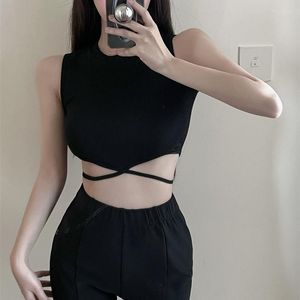 Kvinnors T-skjortor Kvinnor Crop Top Summer Sleeveless Corset Topps Korean Tanktop Navel Tie Thin Black T-shirt damer boho gotiska sexiga kläder