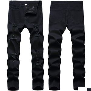 Mäns jeans herrar retro svart stretchhål rippad smal passform högkvalitativ mode casual denim byxor droppleveranskläder kläder dhkub