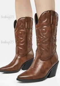 Botlar gigifox kovboy botlar kadınlar metalik pembe orta buzağı botları fermuarlı ayak parmağı batı patik nakış tıknaz topuklu ayakkabılar t231121