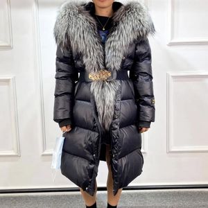 Женская зимняя длинная пуховая куртка из искусственного меха Janveny, женское утиное пальто, супер роскошные парки с большим воротником из натуральной чернобурки и поясом, зимняя верхняя одежда 231121