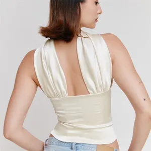 Kobiety damskie y2k vintage ubrania dla kobiet wychodzących satynowe topy seksowne głębokie v backless chude rękawowe kantar stał