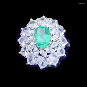 Cluster Rings Natural Real Green Emerald Ring Flower Luxury Style 5 7mm 0.95ct Gemstone 925 Sterling Silver Fine Jewelry J238190