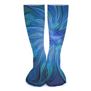 Women Socks Blue Flower Print Stockings Abstract Fractal Art Printed Korean Autumn Anti Skid Cycling Soft Breathable