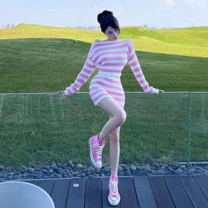 Women's cute sweet 2 piece dress set pink stripe print knitted sweater and short skirt twinset SM